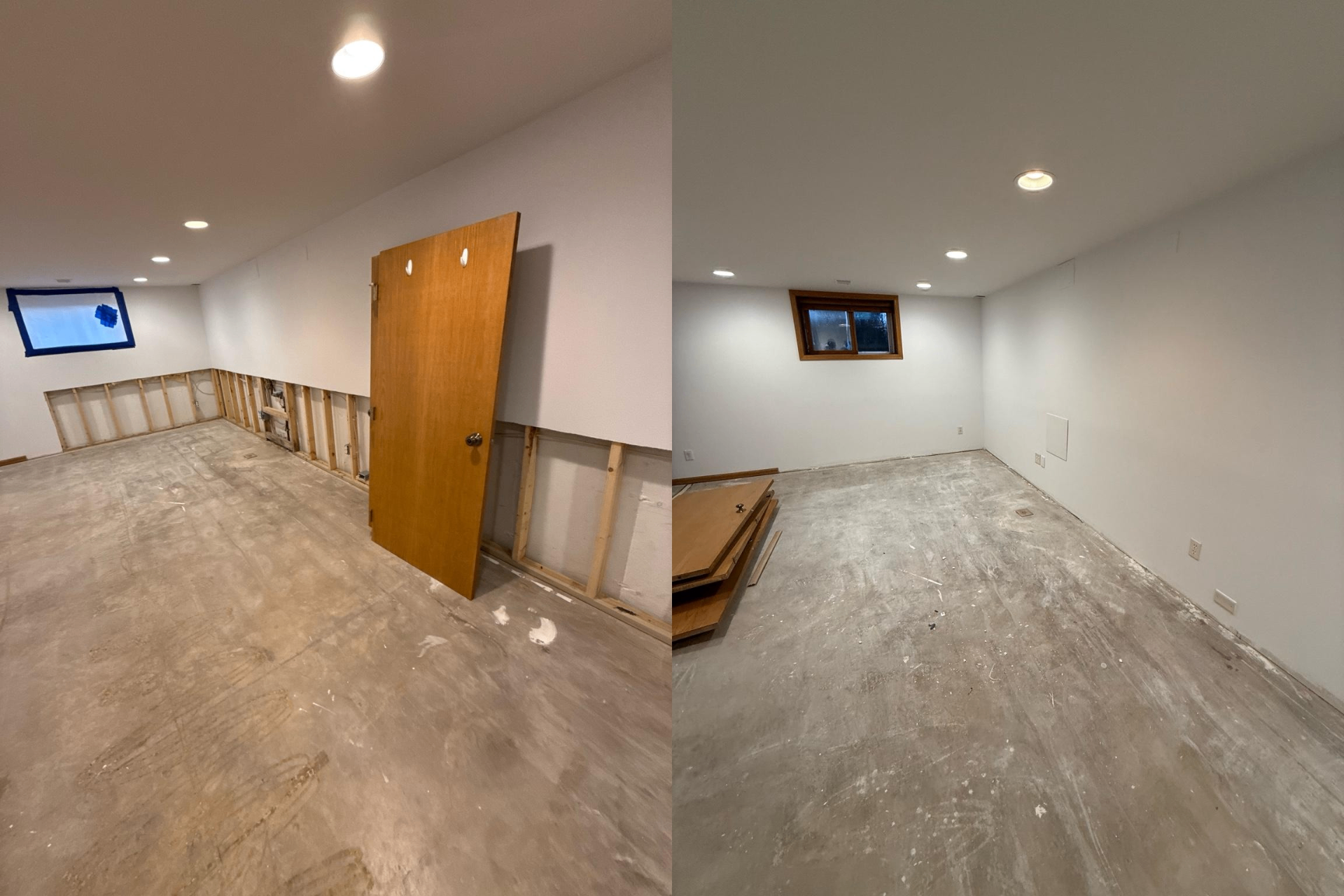 Finished basement with clean painted walls and recessed lighting