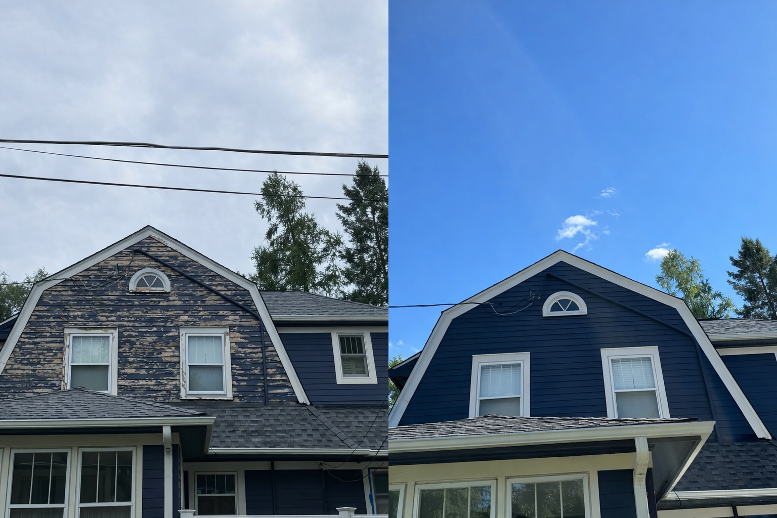 Exterior house repaint showing a dramatic transformation in Dane County, WI